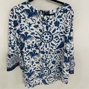 La Plage Indigo Popover Tunic Sz Medium Bell Sleeve 100% Cotton Boho Coastal 11